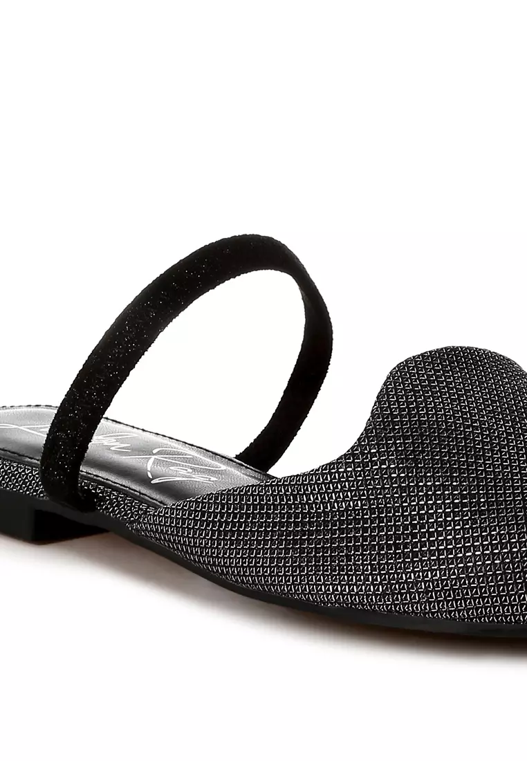 Glitter Faux Leather Flat Mules in Black