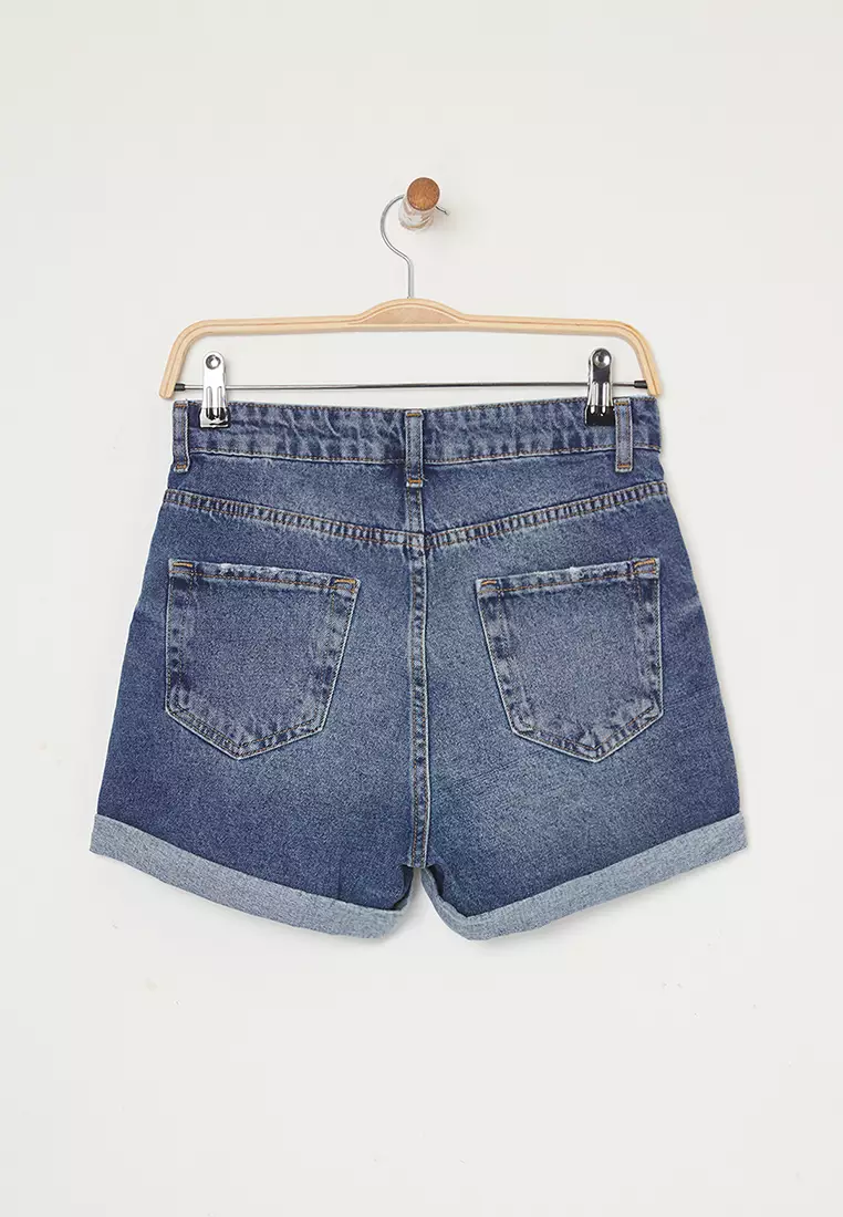 Dark Blue High Waist Fold-Over Mini Denim Shorts TWOSS25SR00170