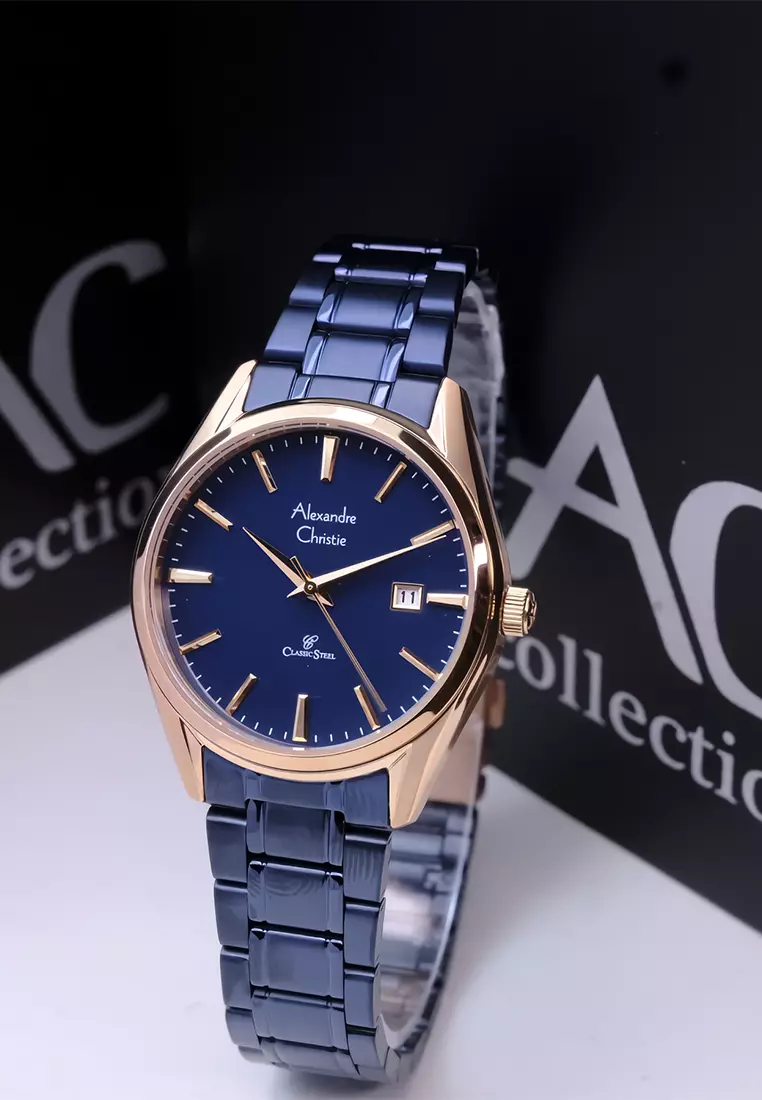 Alexandre Christie Jam Tangan Analog Wanita - Rosegold Blue Stainless Steel - 8681 LDBURBU