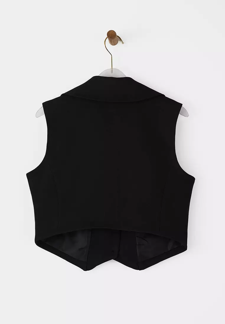 Black Crop Button Jacket Collar Vest