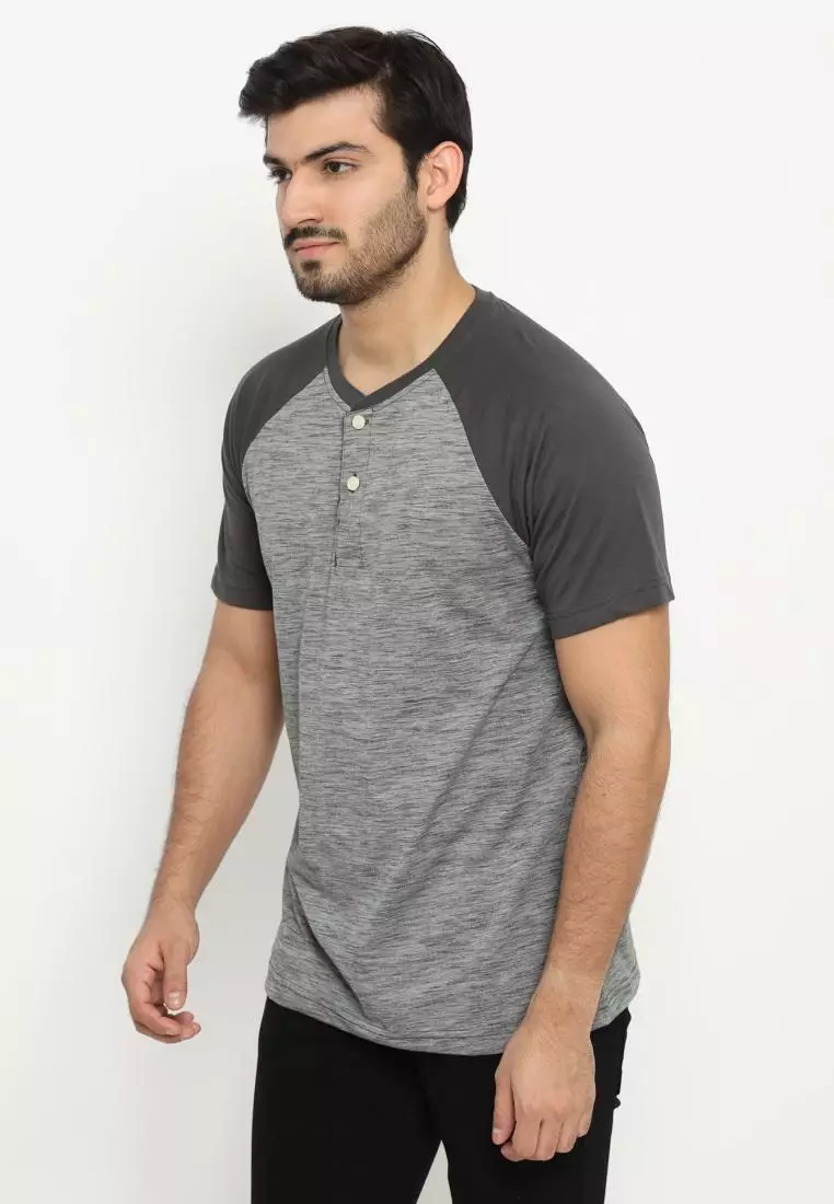 MATSUDA Kaos Pria T Shirt Henley Texture Slub Kawagoe