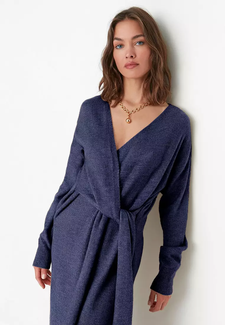 Navy Blue Soft Texture Midi Knitwear Double Breasted Collar Tie Up Dress