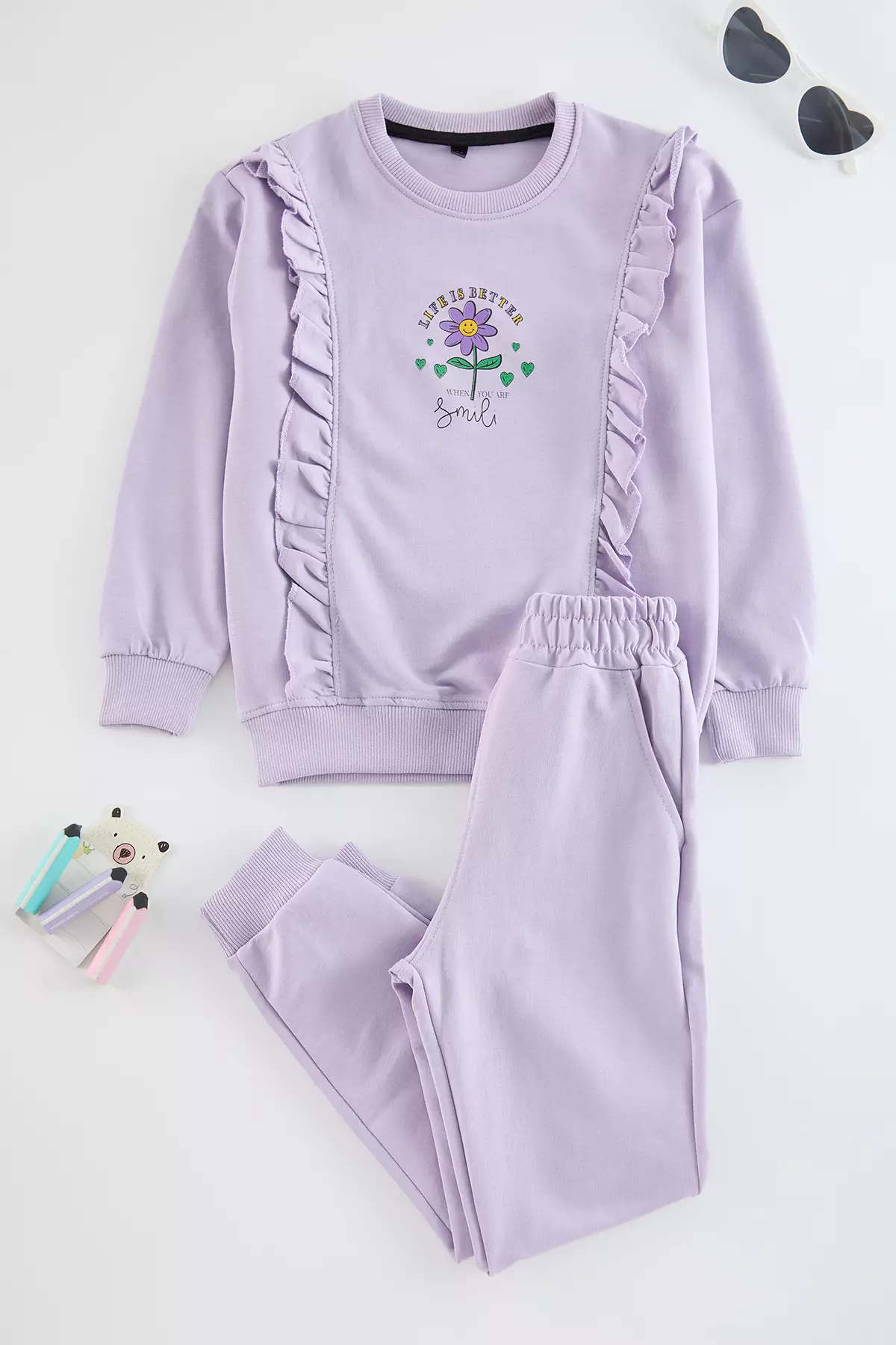 Lilac Floral Patterned Knitted Pajamas Set For Girl - Tkdaw25Au00077