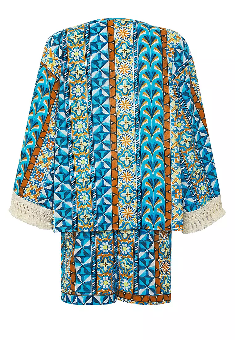 Ethnic Patterned Weaving Tassel Kimono Shorts Beach Suit