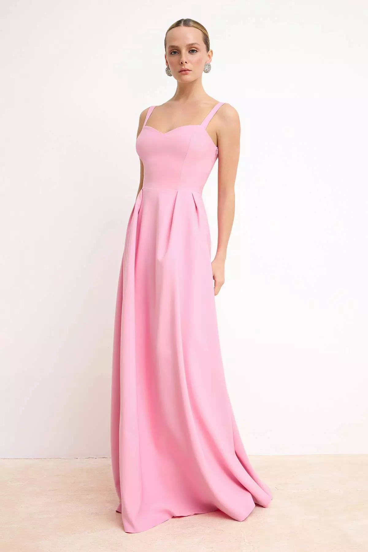 Light Pink Plain A-Line Bow Woven Finike Maxi Evening Dress & Graduation Dress