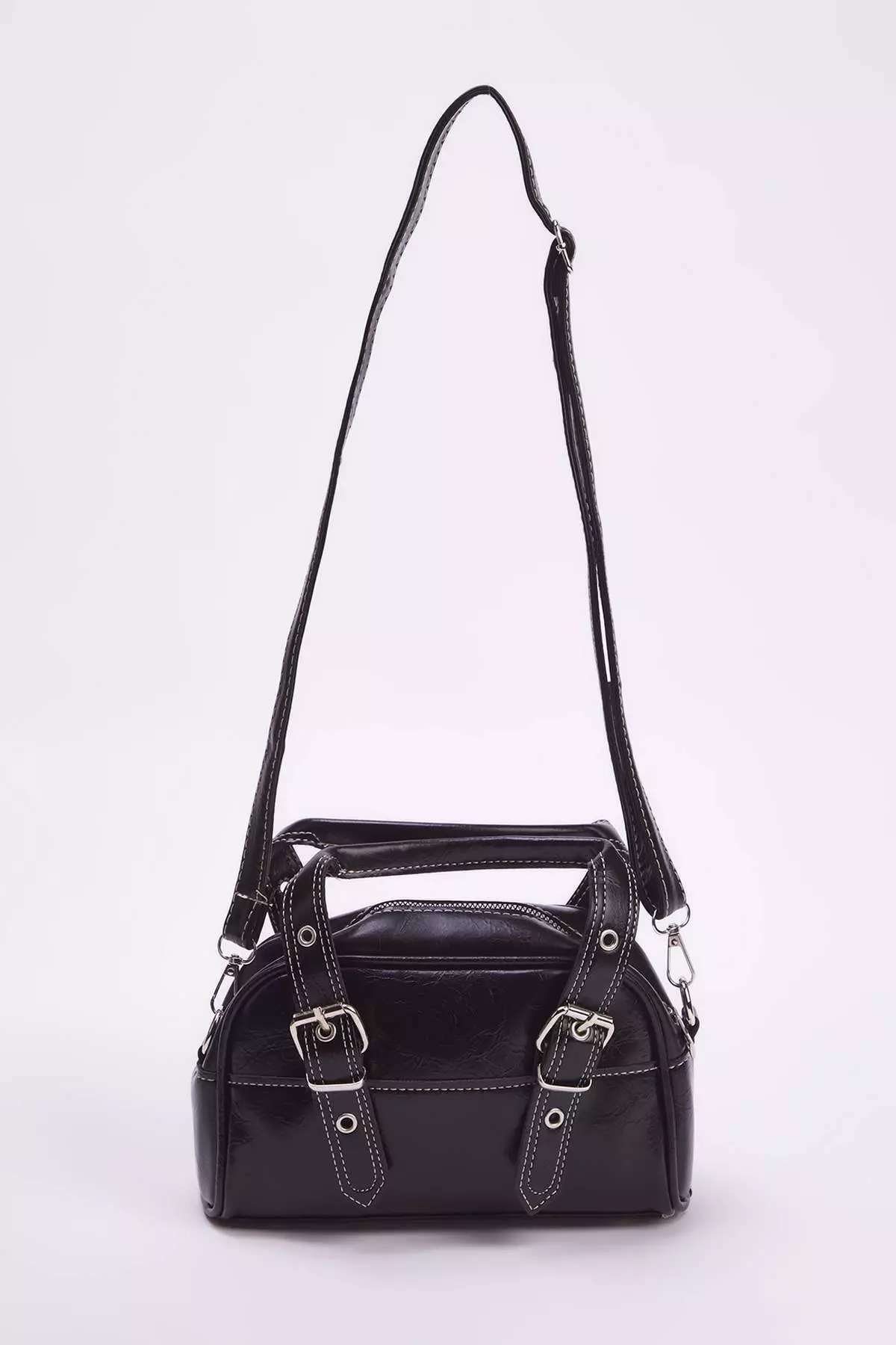 Black Contrast Stitched Women's Bowling Small Mini City Hand And Shoulder Bag