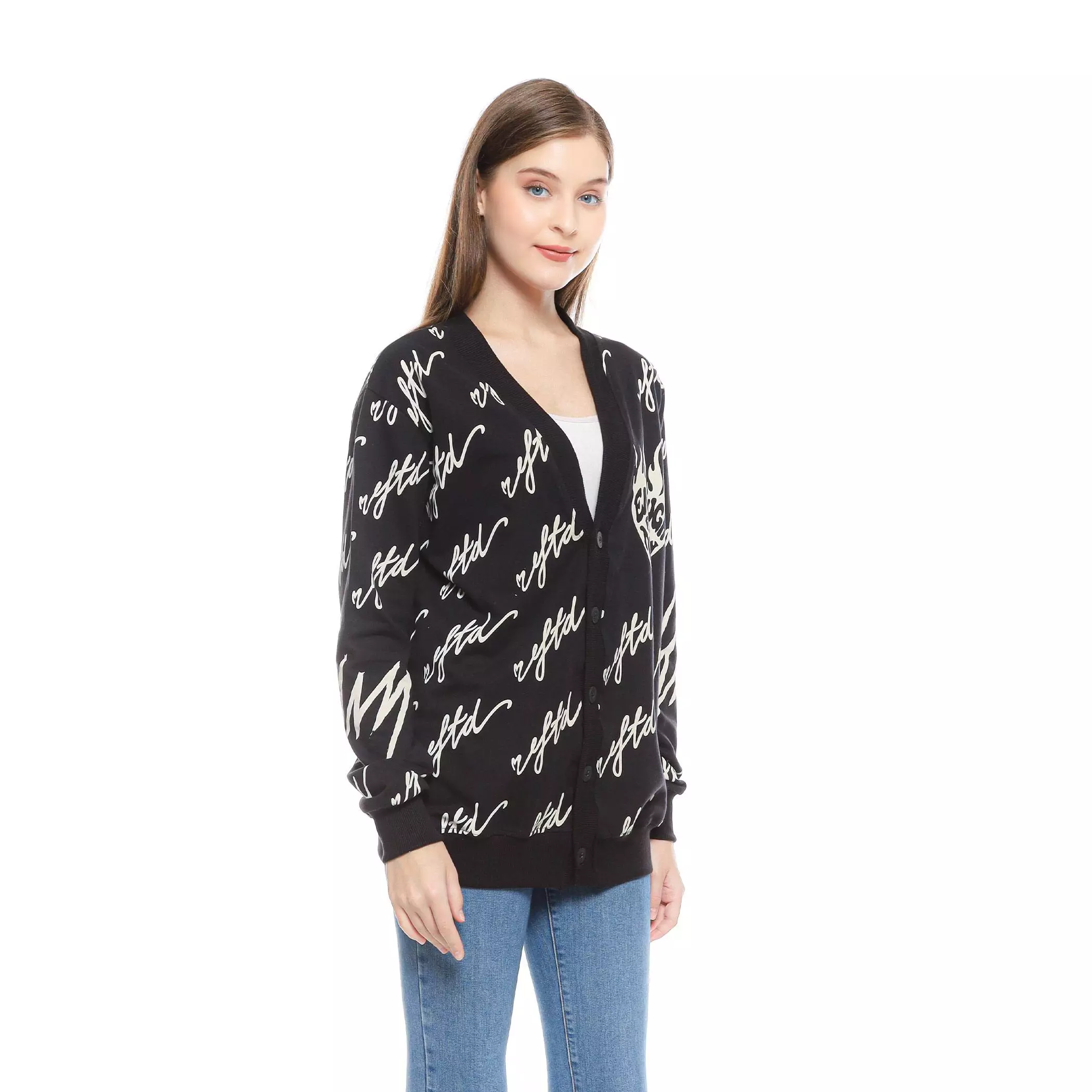 Enough For Today - Sweater Cardigan Motif Korea Love Eftd Hitam Sablon Discharge Bahan Katun Babyterry  Outer Wanita