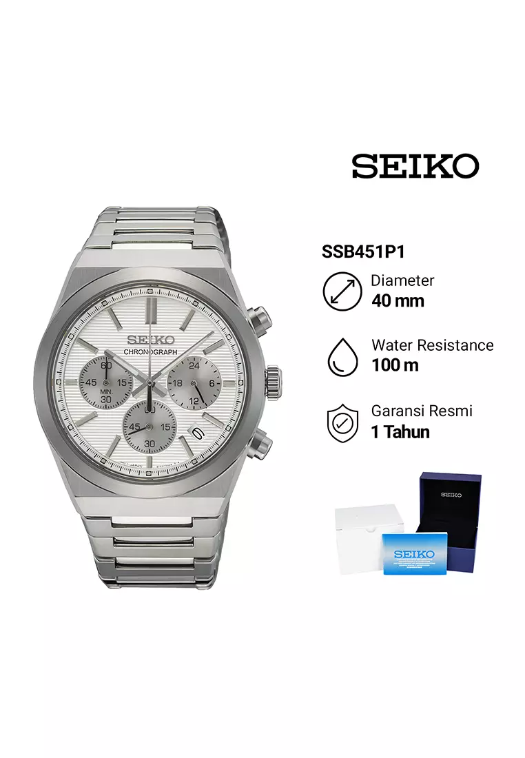 Seiko Chronograph - Jam Tangan Analog Pria - White Dial All Stainless Steel - SSB451P1