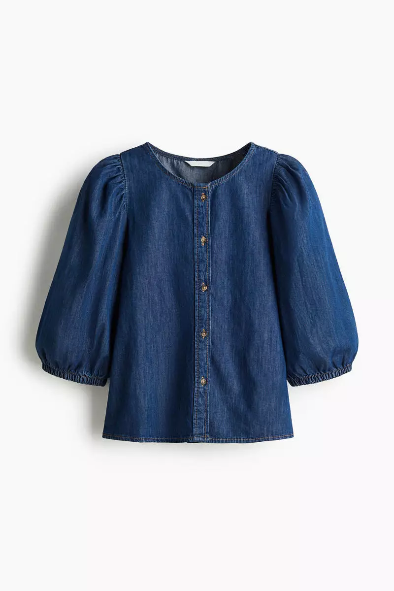 Balloon-sleeved denim blouse