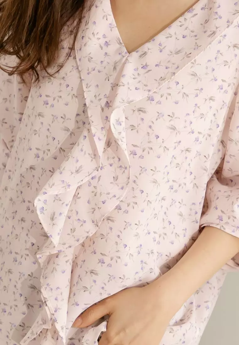 V-Neck Ruffle Floral Long Sleeve Chiffon Blouse [AB19667]