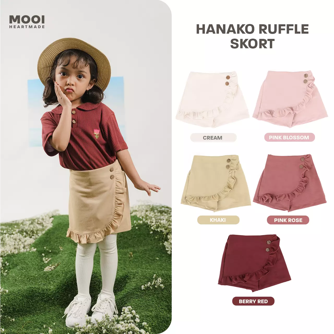 Mooi Rok Celana Skort Anak Perempuan Hanako Ruffle Skort - Berry Red