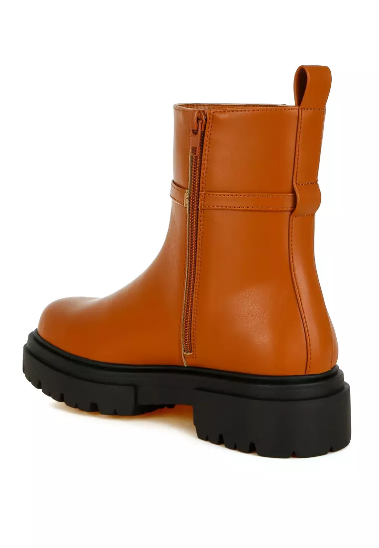 Buckle Belt Ankle Boots in Tan