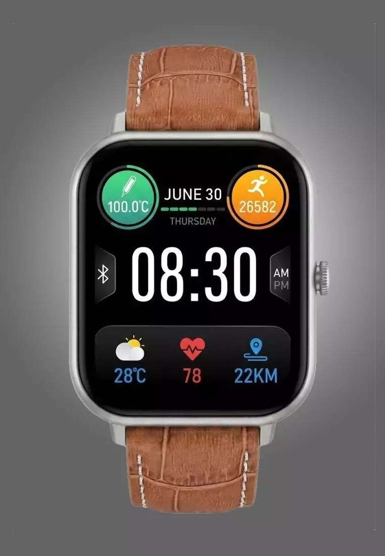 Smart and Elegant - Unisex Rectangular Smart Watch iOS/Android - Leather Strap + 1 Silver Silicone Strap
