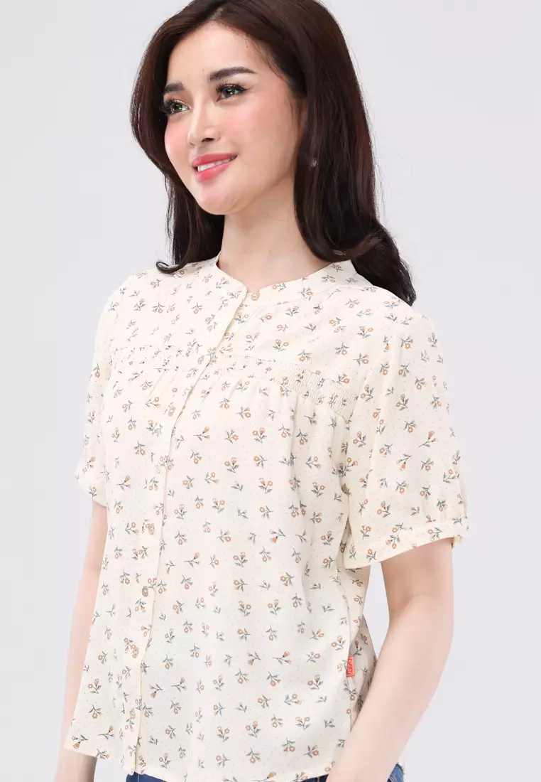 Printed Linen Wrinkles Short Sleeves Chinese Collar Blouse