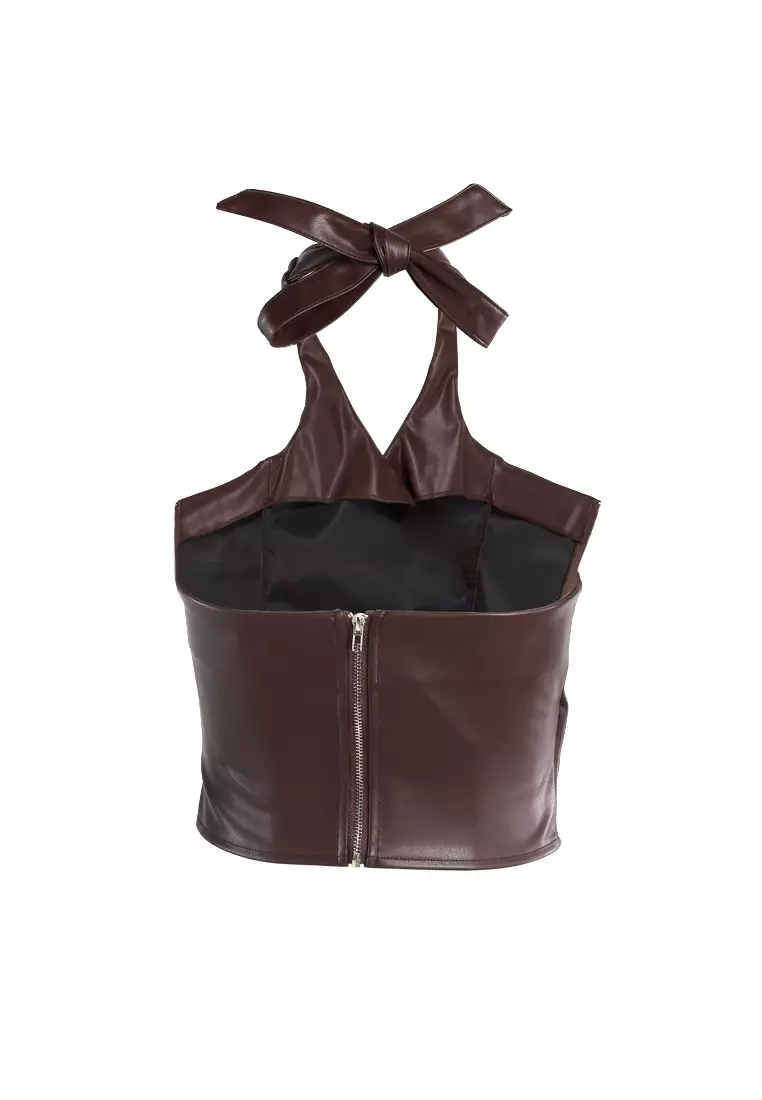 Chocolate Faux Leather Tie Up Top