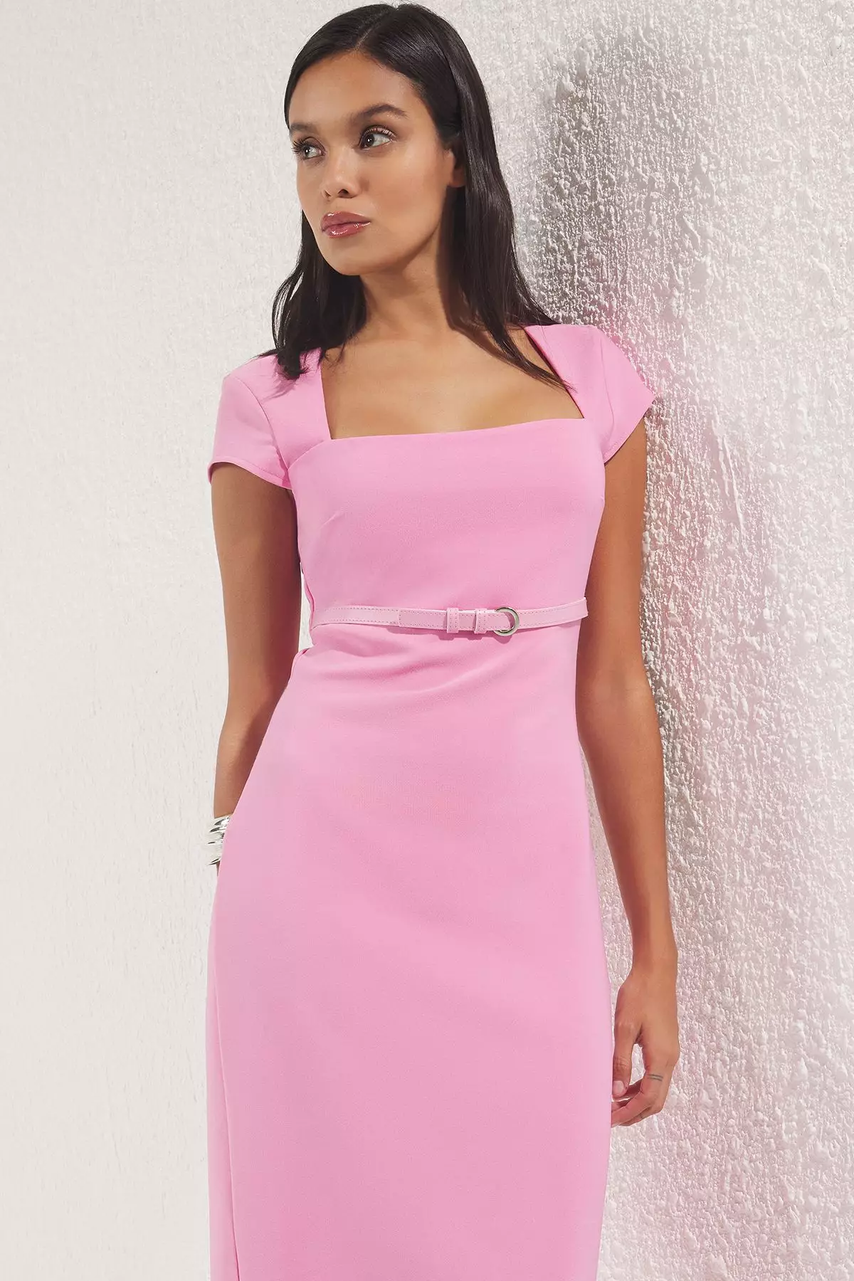 Pink Belted Straight Body-Hugging Midi Woven Dress Twoss25El00211