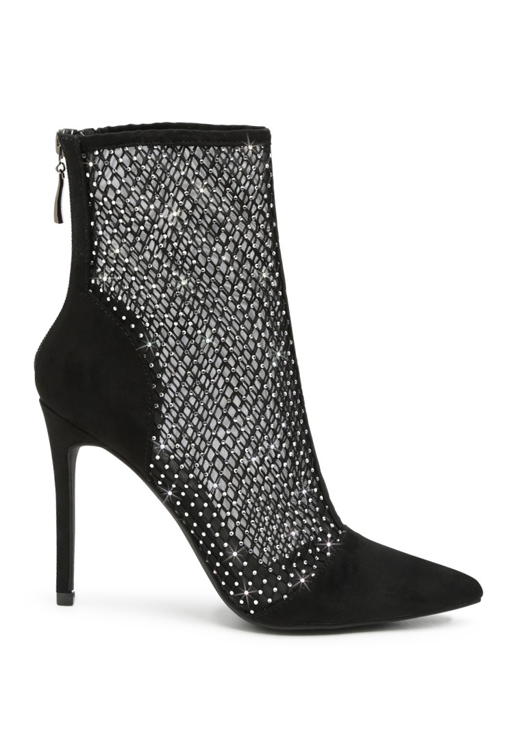 Mesh Diamante Detail High Heel Boots in Black