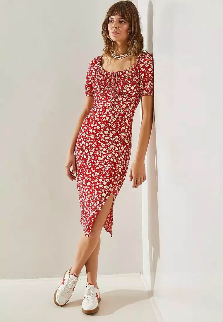 Women's Tie-Front Watermelon Sleeve Daisy Patterned Slit Detailed Dress 60251371