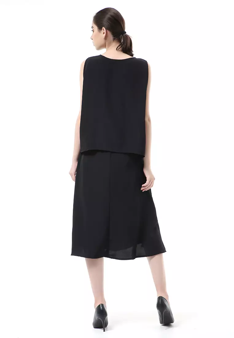 Nayra Set Atasan Wanita Setelan Tanpa Lengan with Long Skirt Motif Polos Material Chiffon Cathy ORIGINAL - Black