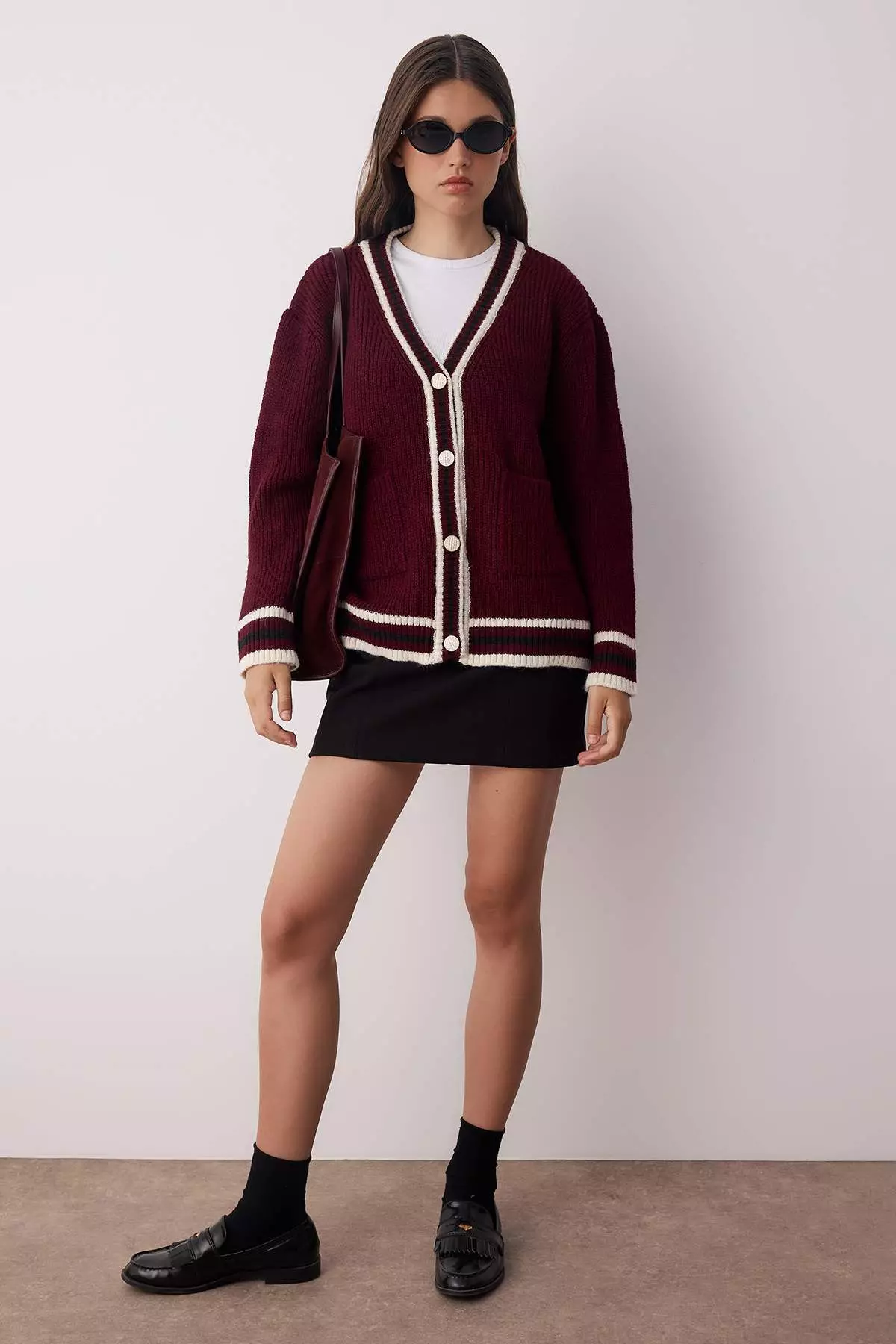 Burgundy Color Block Wide Pattern Knitwear Cardigan