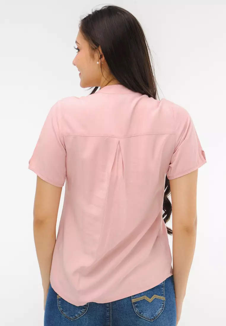 Woven Plain Rayon Short Sleeves Blouse