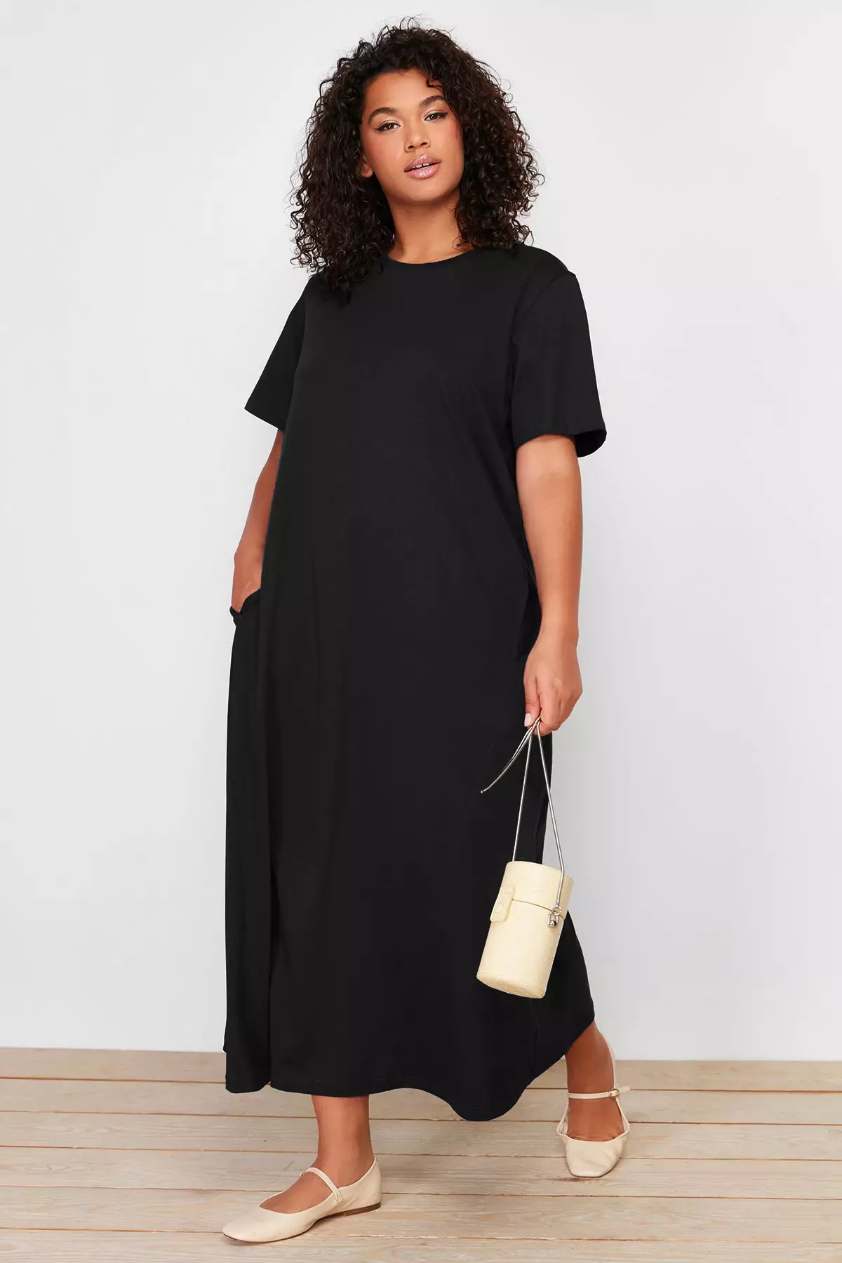 Black Midi 100% Cotton Knitted T-shirt Dress TBBSS24AH00067