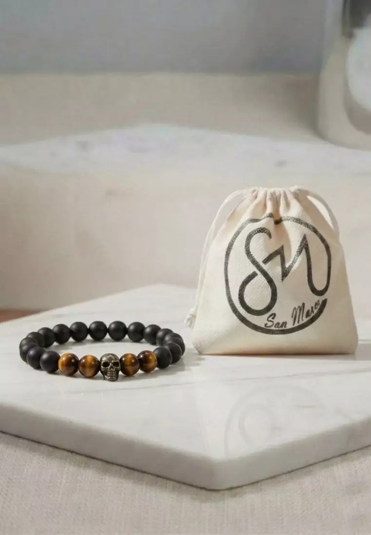 Aksesoris Gelang Pria SKull Matte Onyx & tiger Eye Bracelet Black, Brown & Silver