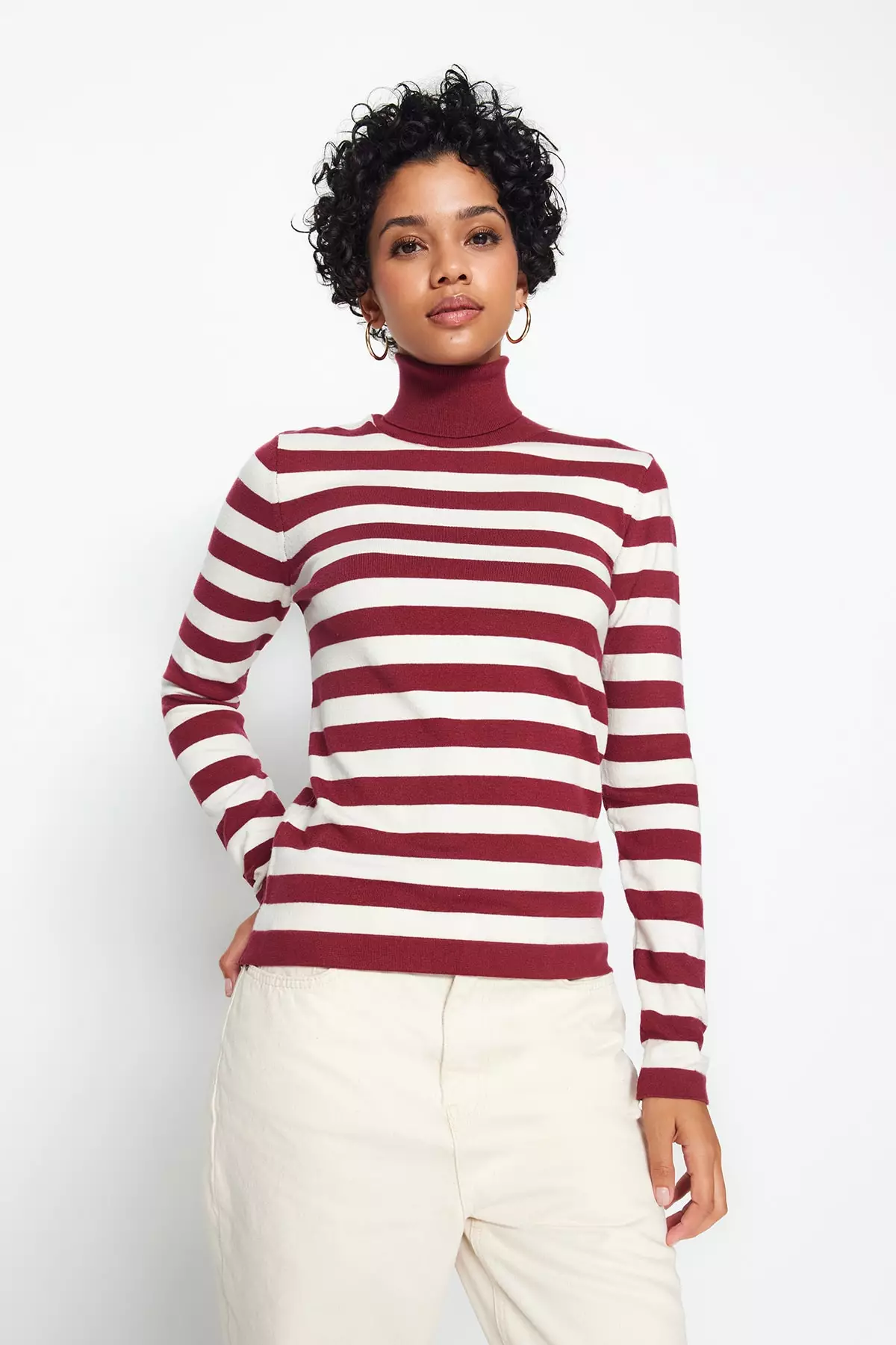 Red and store white striped turtleneck