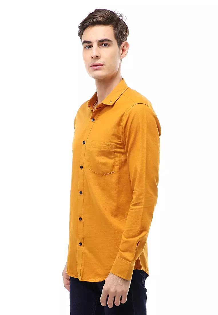 Dwan Atasan Kasual Kemeja Polos Pria Slim Fit Lengan Panjang Material Cotton ORIGINAL - Mustard
