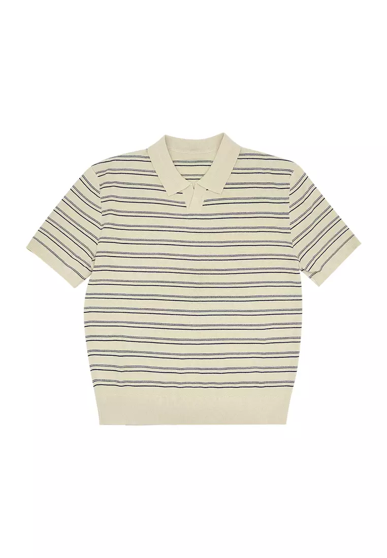 Men's Stripes Knit Poloshirt - Beige/Deep Blue