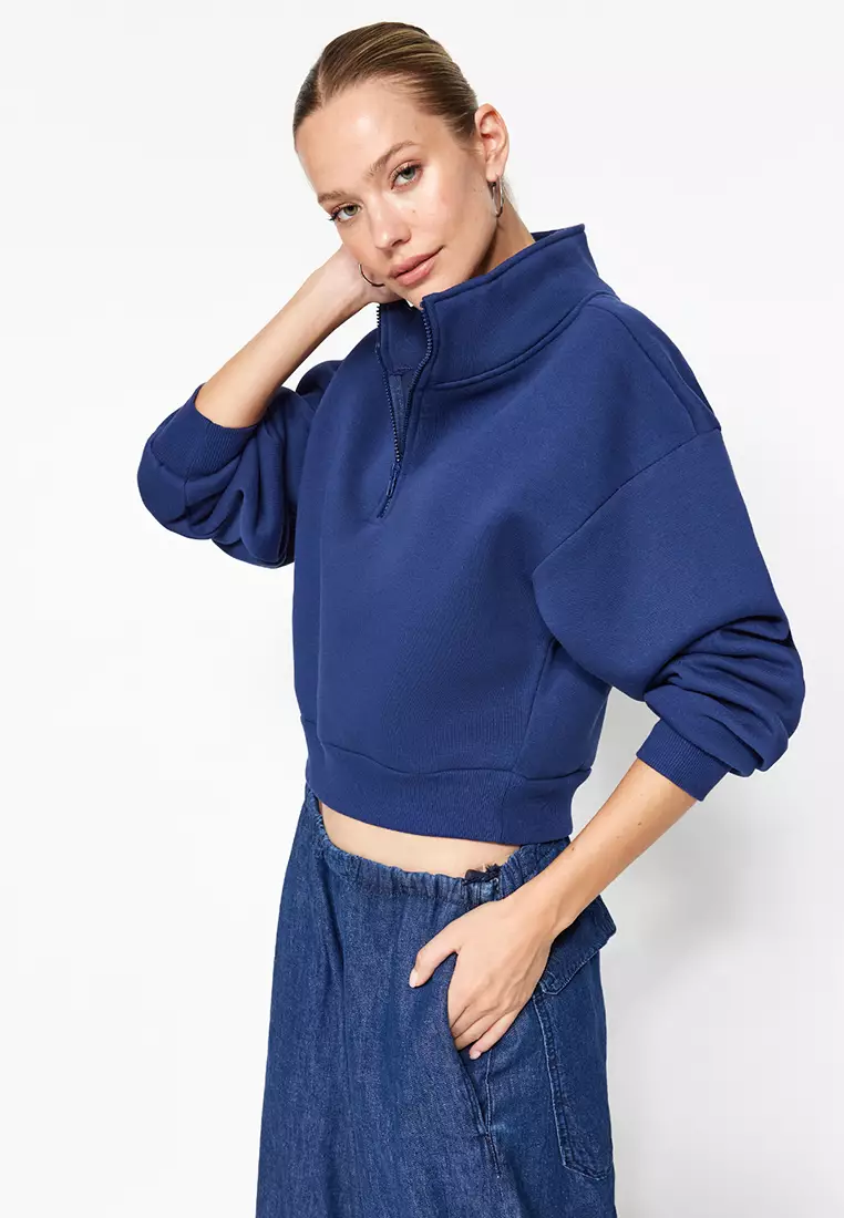 Navy Blue Relaxed Fit Crop Basic Zippered Stand Collar Thick Fleece Inside Knitted Sweatshirt