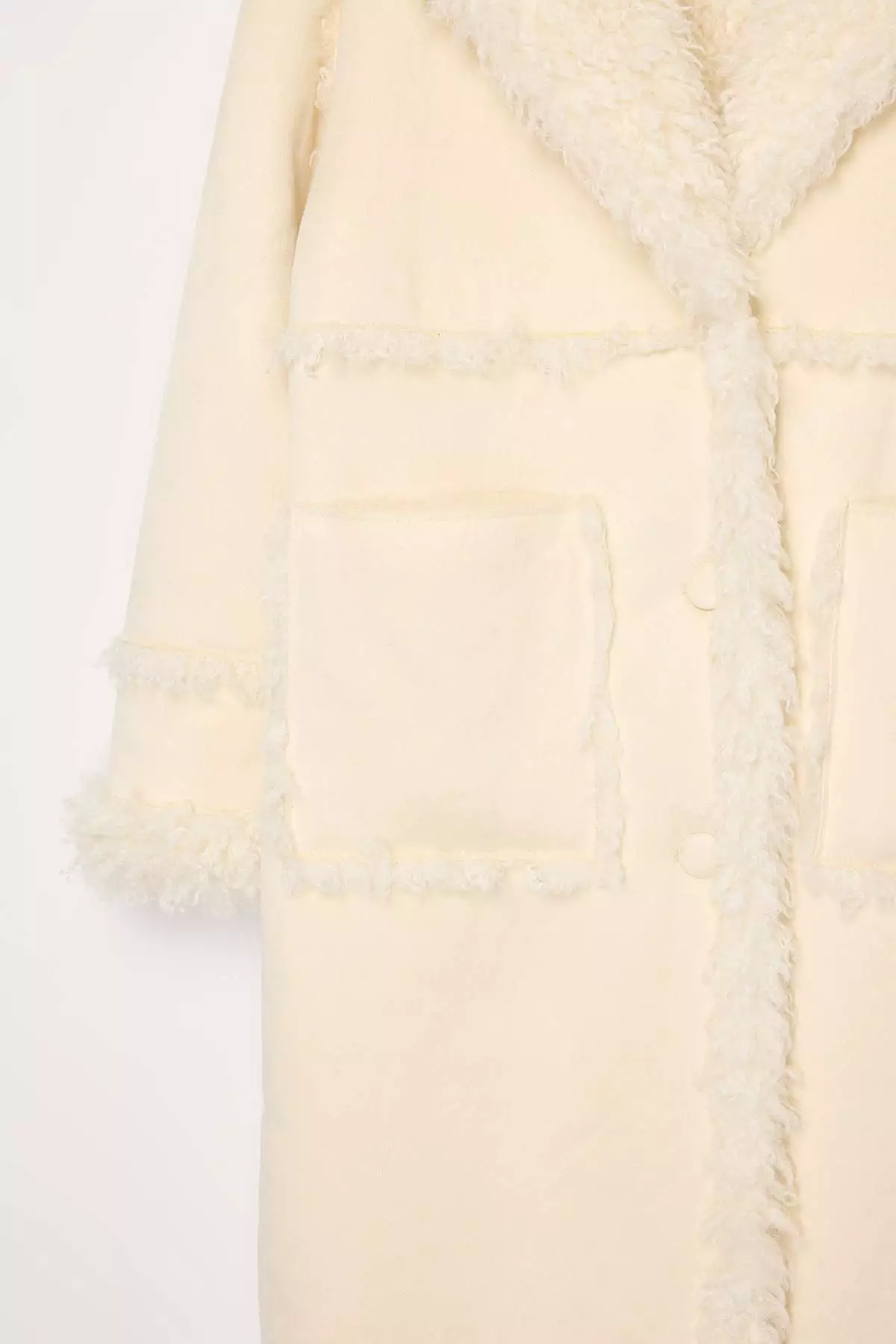 Ecru Double-Sided Fur Mono Closure Oversize Long Suede Coat