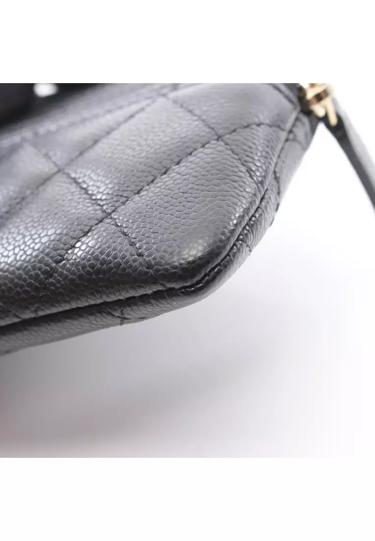 Pre-Loved Chanel matelasse card case coin purse Caviar skin black gold hardware