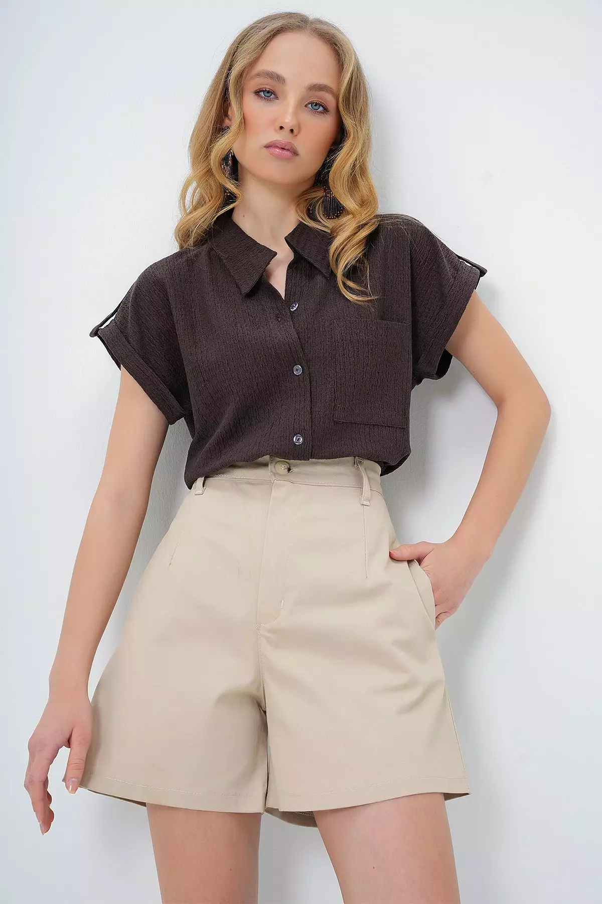 Women's Brown Cuffed Double Short Sleeve Textured Shirt