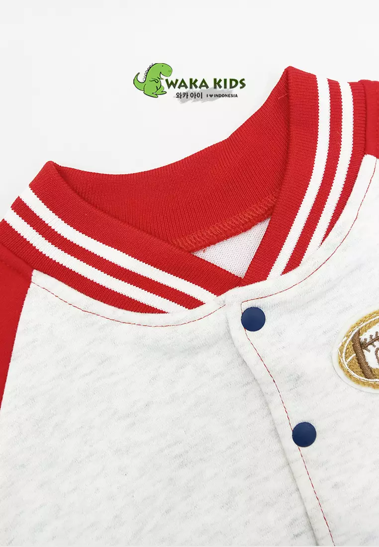 Wakakids Jaket Varsity Baseball Anak Laki Laki dan Perempuan Unisex Logo Patch 4462 Venrz Merah