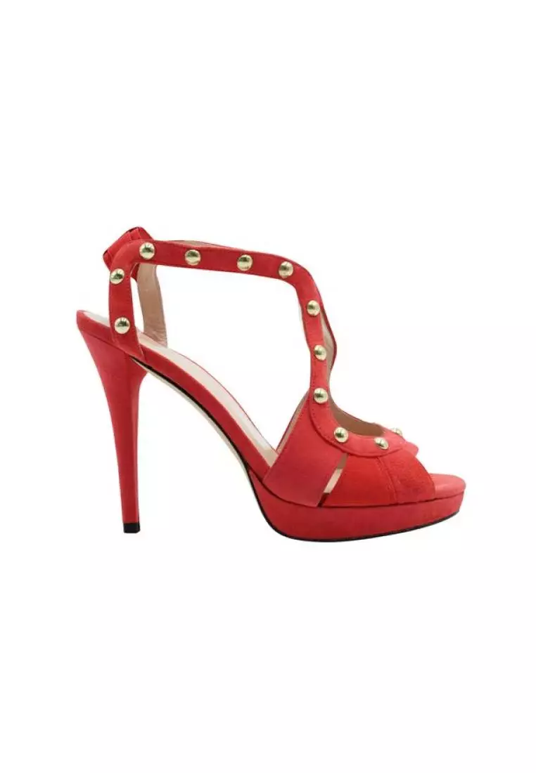 Red suede chunky heels sale