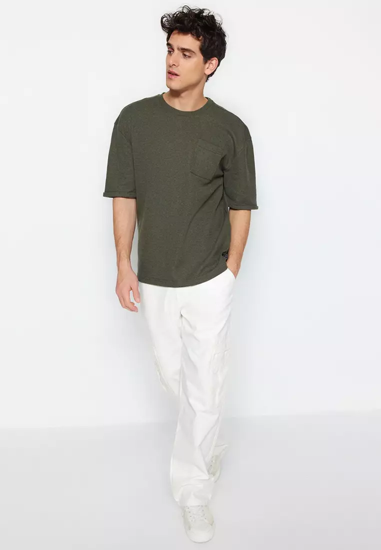 Khaki Oversize/Wide Cut Crew Neck Short Sleeve Pocket Label Detailed T-Shirt TMNSS23TS00077