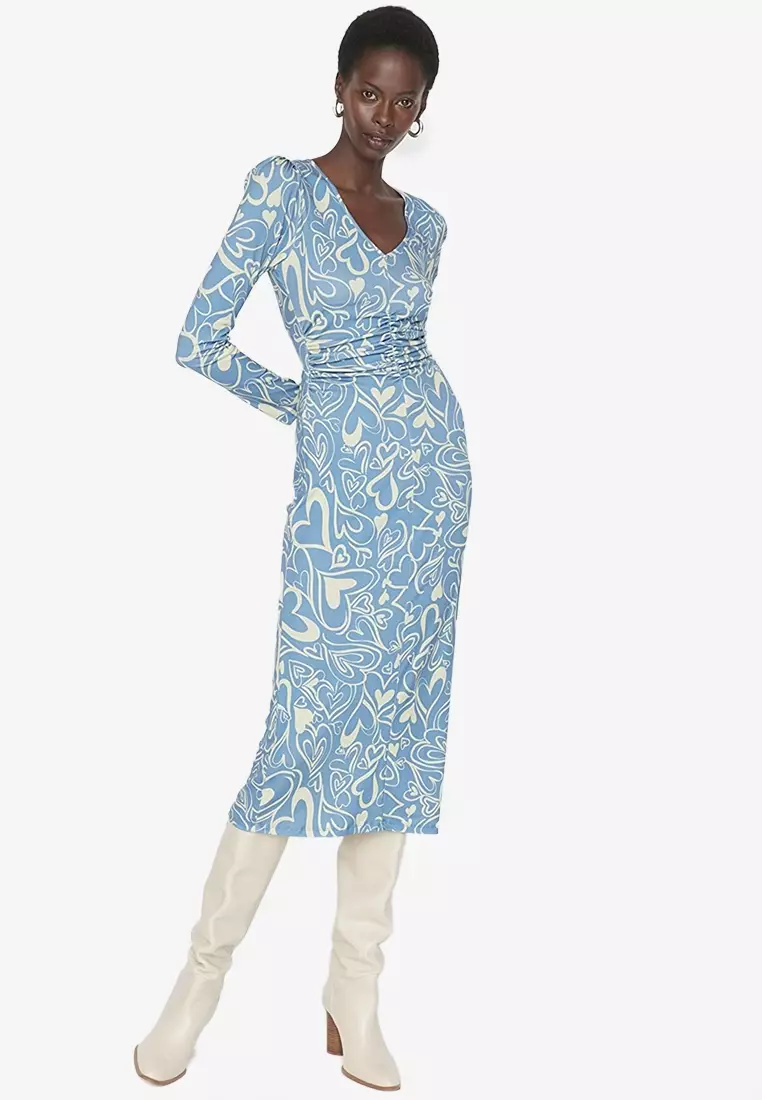 Trendyol Printed V Neck Ruched Dress 2023 Buy Trendyol Online