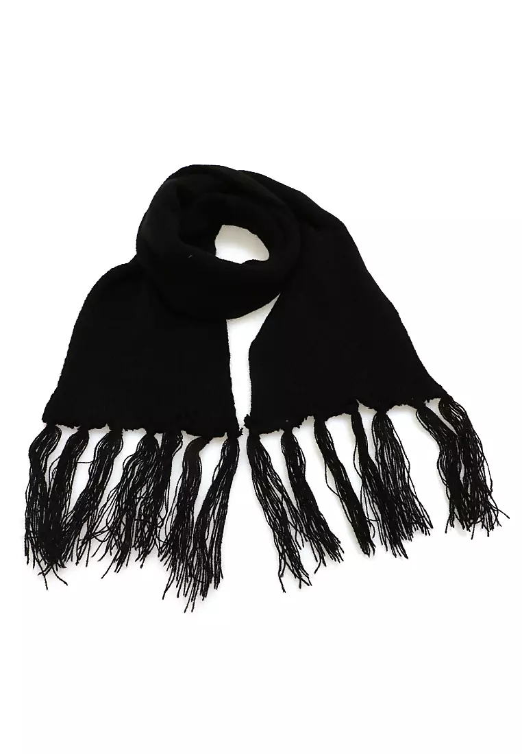 Syal Wanita Motif Polos Aksen Rumbai Shawl Rajut Lembut Fashion Women - Hitam