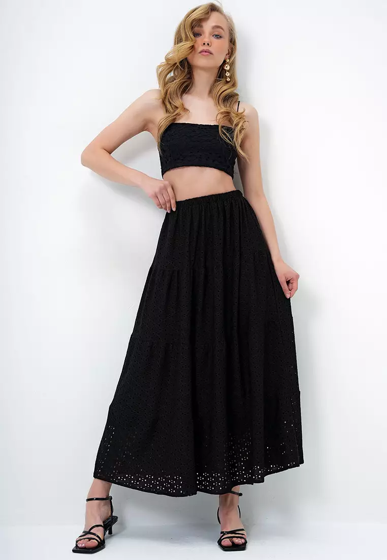 Women's Black Katkat Flounce Guipure Premium Skirt Alc-X14141