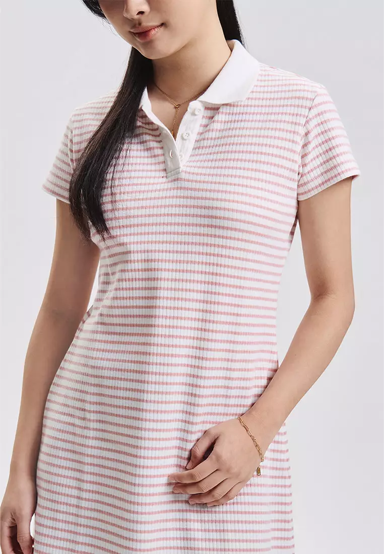Short Sleeve Ribbed Knit Stripe Polo Dress