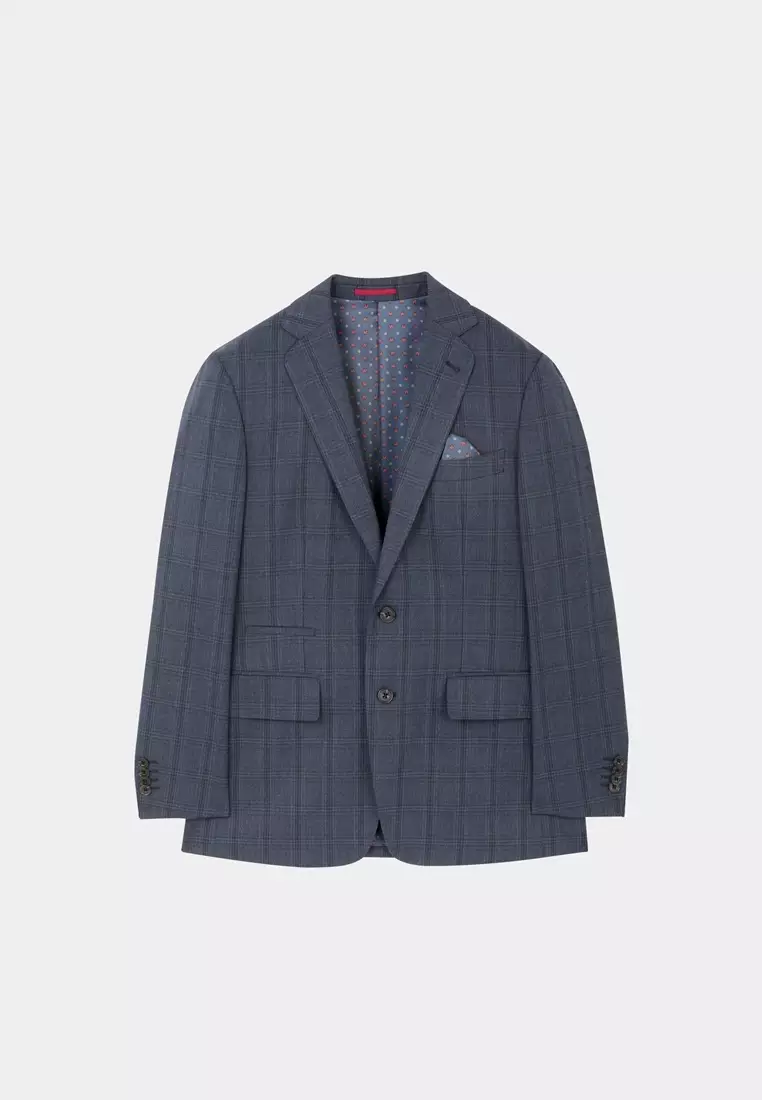 藏青格紋修身西裝外套