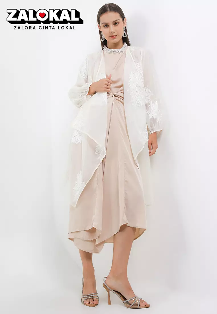 Long Lantern Sleeves Flo Emb Drap Outer W/ Embellished Tn Long Sleeve Twisted Long Dress