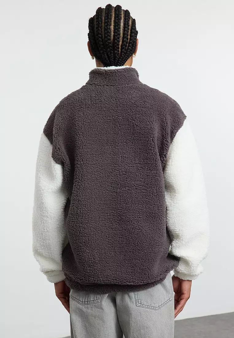 Smoke Unisex Oversize/Wide Cut Color Block Stand Collar Warm Plush Sweatshirt TMNAW25SW00148