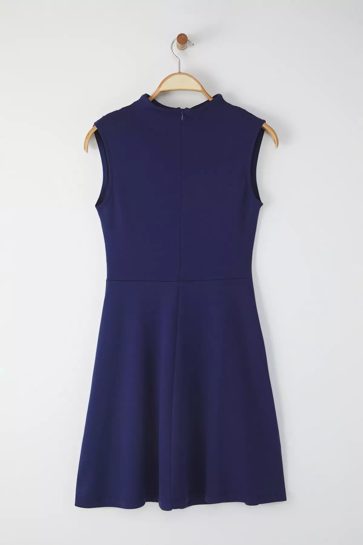 Navy Blue Stand Collar Skater/Waist Open Mini Knitted Dress TWOSS25EL00359