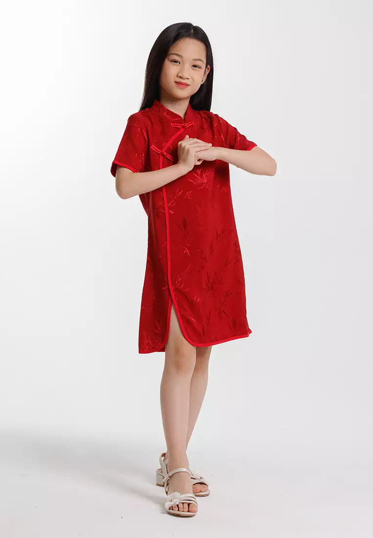 Forest Girls CNY Cheongsam Jacquard Short Sleeve Dress - FK885088-50DarkRed