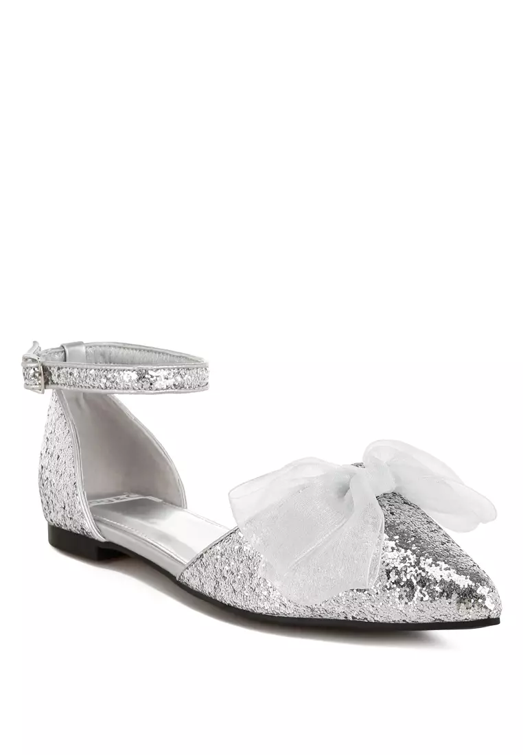 Sheer Bow Detail Glitter Flat Sandals in Silver
