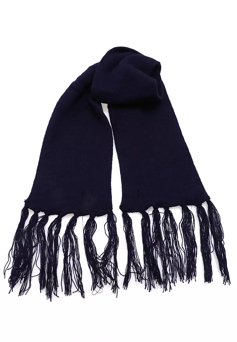 Syal Wanita Motif Polos Aksen Rumbai Shawl Rajut Lembut Fashion Women - Dongker