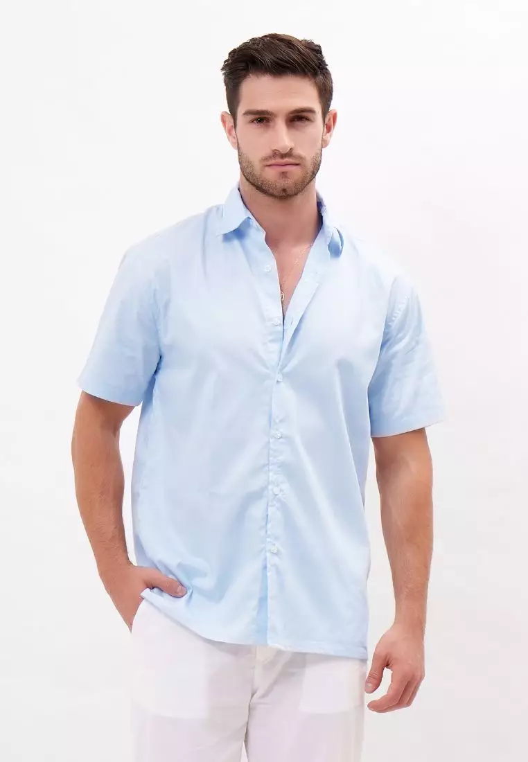 Luca Kemeja Pendek Pria Katun Organik Biru | Organic Cotton Short Sleeves Shirt Men Blue