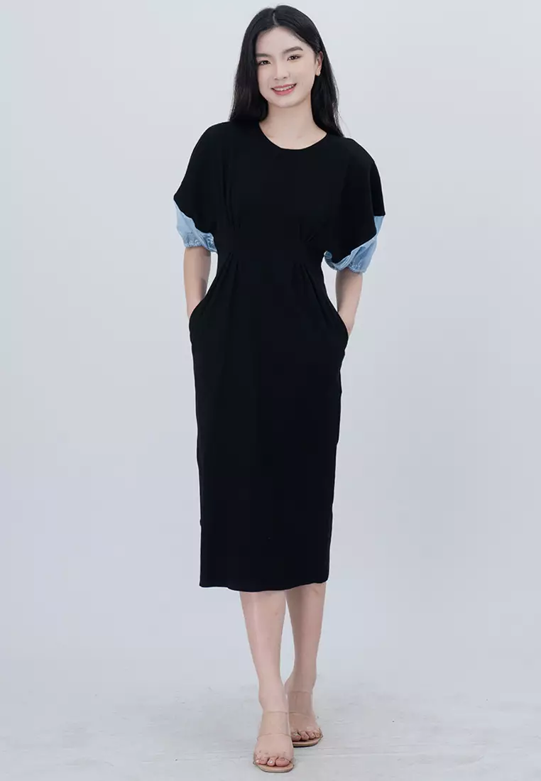 针织泡泡袖可伸缩中长款连衣裙